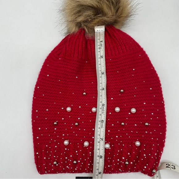 INC Shine Like the Night Red Pearl Embellishments beanie hat with Pom pom NEW - Picture 3 of 6